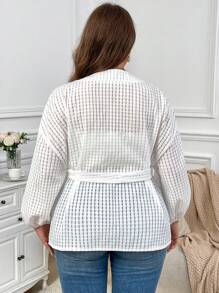 SHEIN Privé Plus Size Elegant Casual V-Neck Self Tie Waist Jacquard Textured Solid Color Jacket