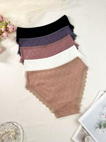 5pcs Ladies' High Waist Contrast Lace Triangle Panties - Multicolor - View 2