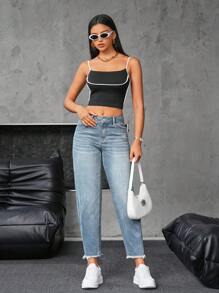 SHEIN Essnce Women's Front Button Multiple Pockets Raw Hem Minimalist Style Denim Jeans, Casual Wear