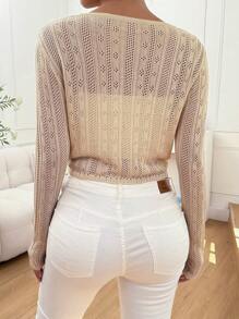 Chiquease Áo crop top dài tay màu trơn phía trước, kỳ nghỉ thông thường - Màu be - Xem 2