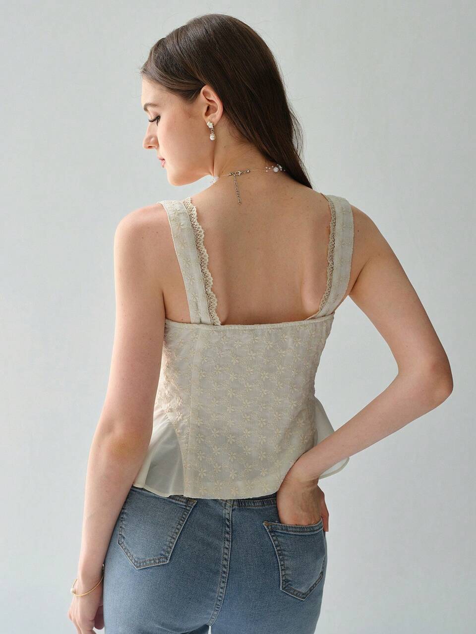 Women's Romantic Floral Embroidery Summer Lace-Up Fake Ruffle Thick Shoulders Sexy Tank Top