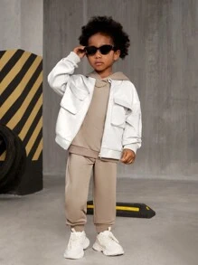 SHEIN Explorewe 3pcs/Set Young Boy's Fashionable Multi-Pocket Jacket, Solid Hoodie, And Sweatpants, Suitable For Autumn/Winter, School And Streetwear - Multicolor - View 1