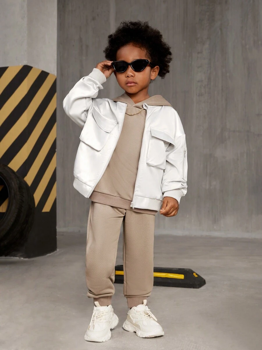 SHEIN Explorewe 3pcs/Set Young Boy's Fashionable Multi-Pocket Jacket, Solid Hoodie, And Sweatpants, Suitable For Autumn/Winter, School And Streetwear - Multicolor - View 1