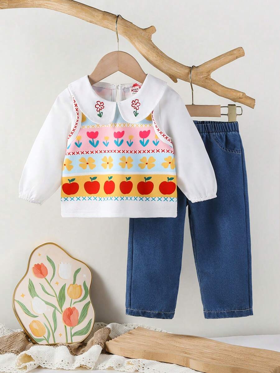 SHEIN Baby Girls' Casual Floral Print 2 In 1 Shirt Top And Washed Denim Pants, Holiday Style - Multicolor - View 1
