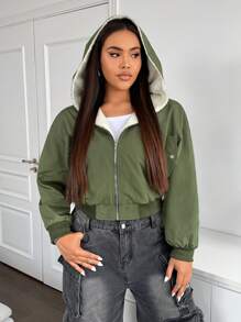 Flirla Plus Size Hooded Zip-Up Long Sleeve Casual Fashionable Jacket Fall Cloth For Women - Army Green - View 5