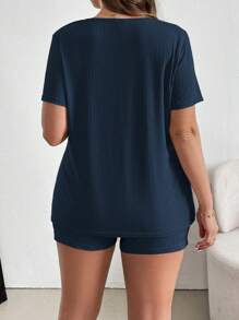 Shapeblank Bộ 2 chiếc Plus Size Nữ Cổ Tròn Tay Ngắn Và Slim Fit Thời Trang Quần Short - Màu xanh hải quân - Xem 2