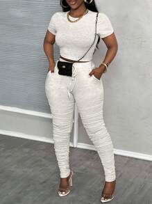 Slaydiva 2pcs Women's Casual Sports Set With Cropped Top And Ruched Shorts - Beige - View 4