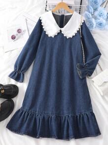 SHEIN Girls' V-Neck Long Sleeve Zipper Back Pleated Simple Dress - Blue - View 1