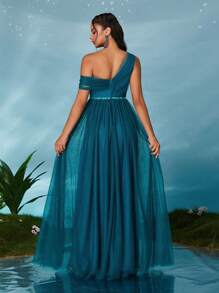 不对称亮片腰带网纱A字伴娘礼服，优雅春季婚礼礼服 - 水鴨藍 - 查看 2