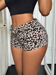 Zolique Women Summer Fashion Leopard Print Elastic Bandage Low Waist Mini Shorts - Khaki - View 6