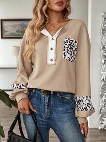 EMERY ROSE Women's V-Neck Long Sleeve Color Block Casual Loose Comfortable Leopard Print Sweatshirt - Khaki - View 5