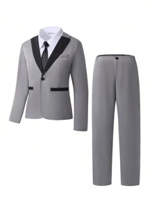 SHEIN 2 件套青少年男孩绅士装，撞色领西装外套 + 长裤，优雅正式礼服，适合生日、婚礼、毕业典礼、圣诞节、万圣节 - 灰色 - 查看 1