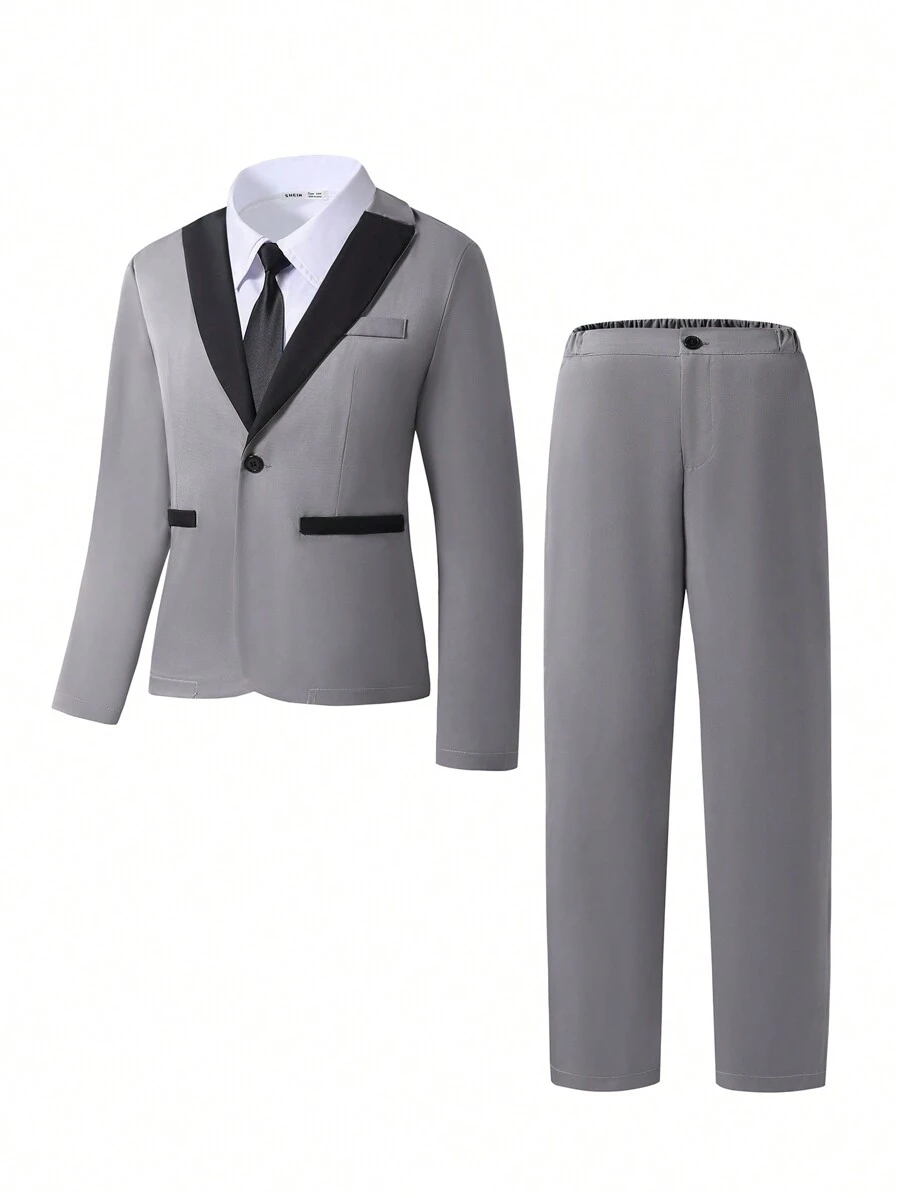 SHEIN 2 件套青少年男孩绅士装，撞色领西装外套 + 长裤，优雅正式礼服，适合生日、婚礼、毕业典礼、圣诞节、万圣节 - 灰色 - 查看 1