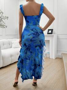 Calvaya Robe à volants et fente avec imprimé floral pour vacances pour femmes