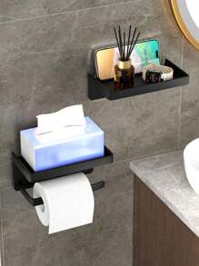 Black Toilet Paper Holder With Shelf And Phone Holder - Wall Mounted With Self-Adhesive Or Screw Mount Installation, Includes Roll Dispenser And Storage Function