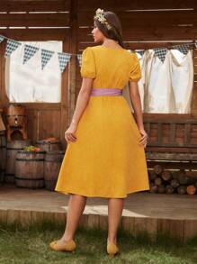 Chiquease 女式荷叶边饰罩衫中长款灯芯绒泡泡袖连衣裙 - 黃色 - 查看 2