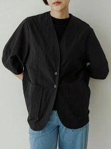 DAZY 女士纯色简约休闲无袖纽扣前开衫女式夹克，秋季女装 - 黑色 - 查看 3