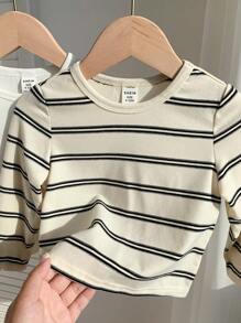 SHEIN Leap Crew 4 件装男婴和女婴图案 T 恤 - 黑色/白色休闲针织长袖上衣，适合秋冬季