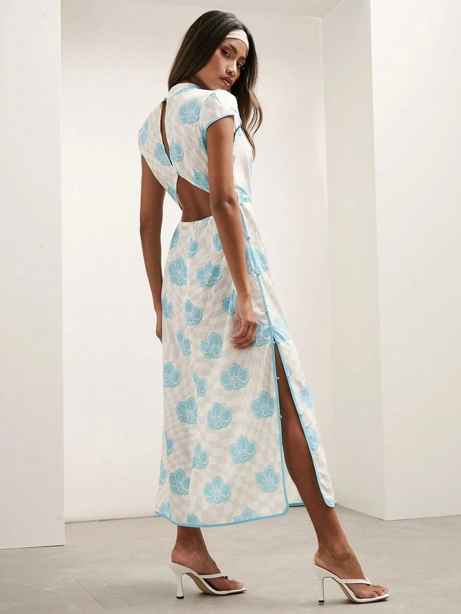 COSMINA 女士优雅格纹花卉印花侧开衩连衣裙，