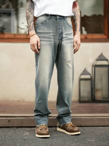 Manfinity Homme 男士潑墨印花破洞直筒牛仔褲 - 水鴨藍 - 查看 4