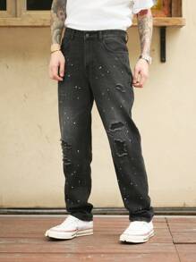 Manfinity Homme Men Distressed Washed Black Straight-Leg Casual Jeans - Black - View 4