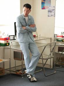 Claim Dot Men Light Blue Jacquard Denim Jacket & Jeans Set, Teacher Clothes