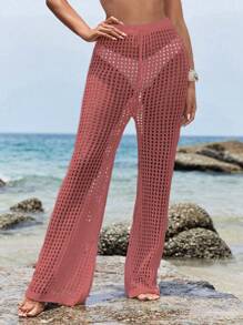 SHEIN Swim 女士休闲镂空设计宽松沙滩装罩衫夏季 - 西瓜粉 - 查看 4