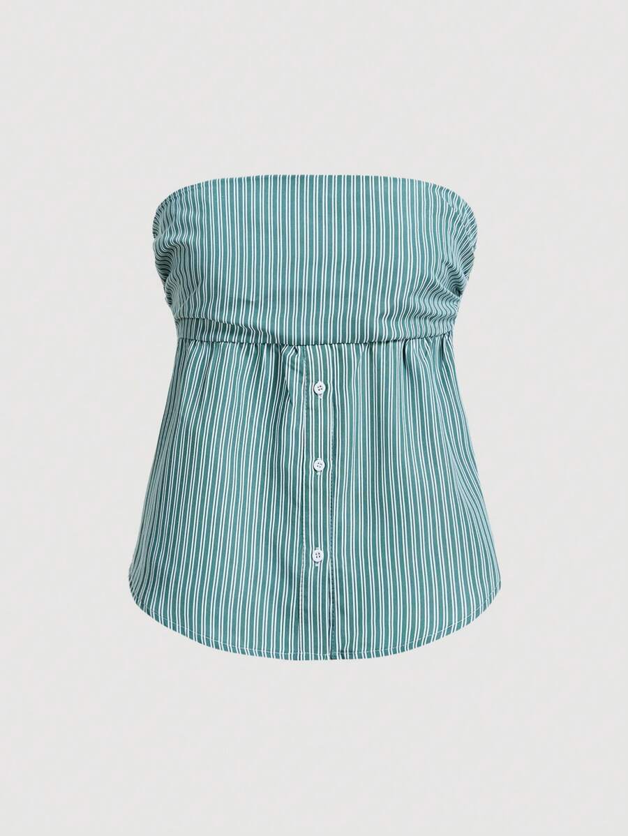 SHEIN MOD Ladies' Striped Bandeau Shirt-Style Top - Green - View 1