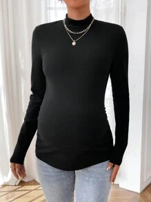 SHEIN Blusa casual de manga larga con cuello de cordón negro para maternidad