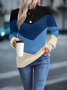 EMERY ROSE Women's Crew Neck Striped Color Block Long Sleeve Pullover Sweater,Long Sleeve Tops Knit Pullover Fall Winter Outfit