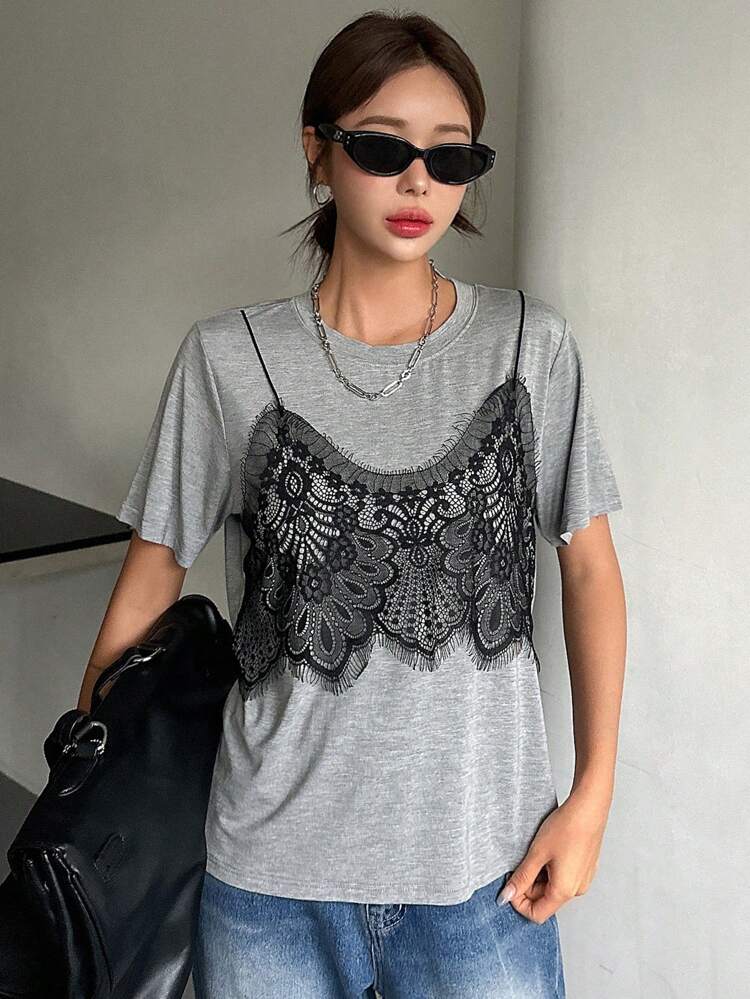 Women's 2 In 1 Lace Trim Colorblock Short Sleeve T-Shirt Summer