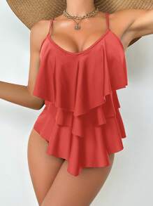 SHEIN Swim 女士纯色拼接荷叶边分体泳衣 夏季 - 乾枯玫瑰色 - 查看 5