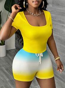 Slaydiva 度假黄色 U 领修身短袖 T 恤和渐变色紧身迷你短裤套装