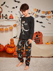 SHEIN Tween Boy Halloween Dinosaur Skeleton & Pumpkin Head Pattern Long Sleeve Top And Pants Knit Sleepwear 2-Piece Set, Daddy And Me Matching Outfits (3 Sets Sold Separately) - Black - View 3