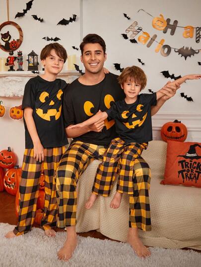SHEIN Tween Boy Halloween Cartoon Pattern Short Sleeve Plaid Pants Flame Resistant Pajama Set, Daddy And Me Matching Outfits (3 Sets Sold Separately)