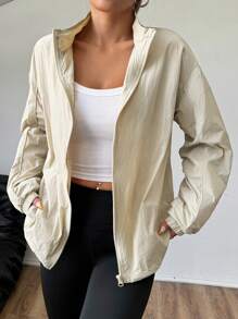 Flirla Beige Solid Color Zip-Up Casual Long Sleeve Jacket - Khaki - View 3