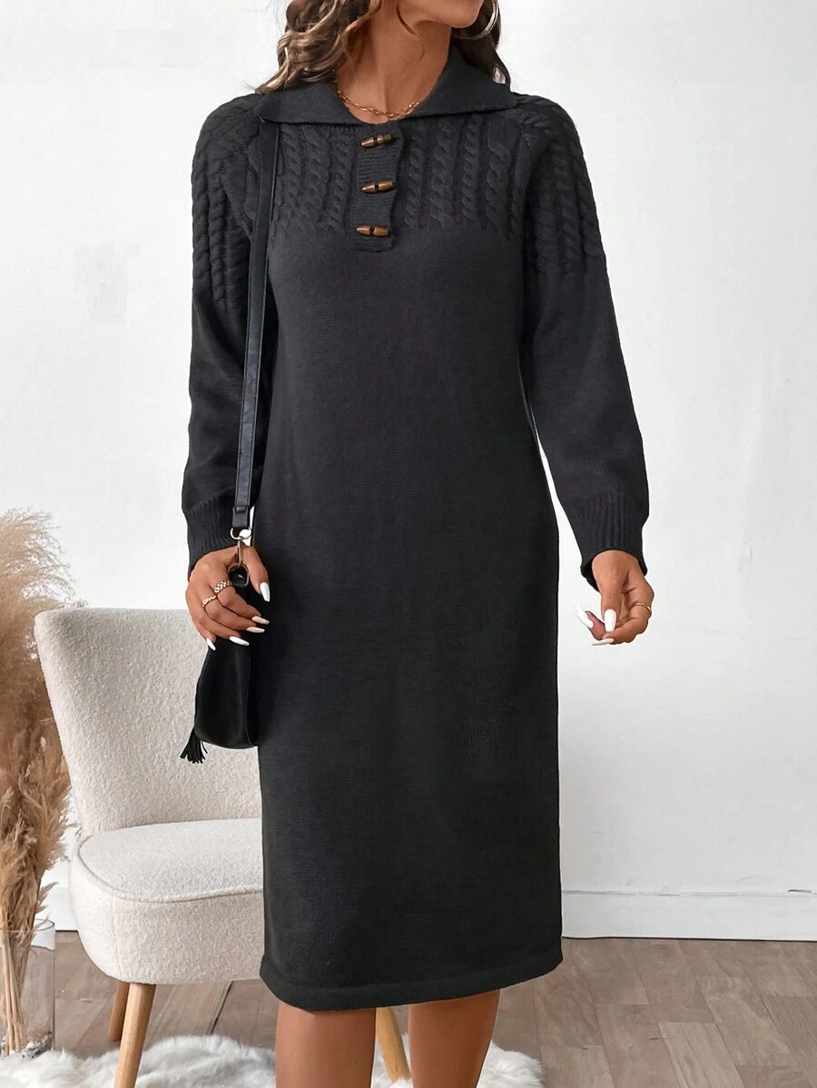 Chiquease 纯色翻领长袖正面纽扣简约毛衣裙，休闲 - 深灰色 - 查看 1