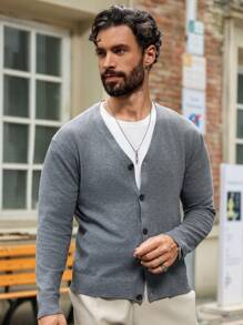 Manfinity Homme Men's Solid Color Button Front Long Sleeve Casual Shirt, For Fall Winter - Dark Grey - View 4