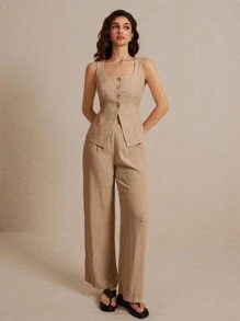 Poéselle 亚麻上衣，亚麻前扣装饰西装上衣，前开衩衬衫，简约优雅，复古时尚风格，天然舒适面料，透气性好，适合日常通勤和度假穿着。 - 駝色 - 查看 2