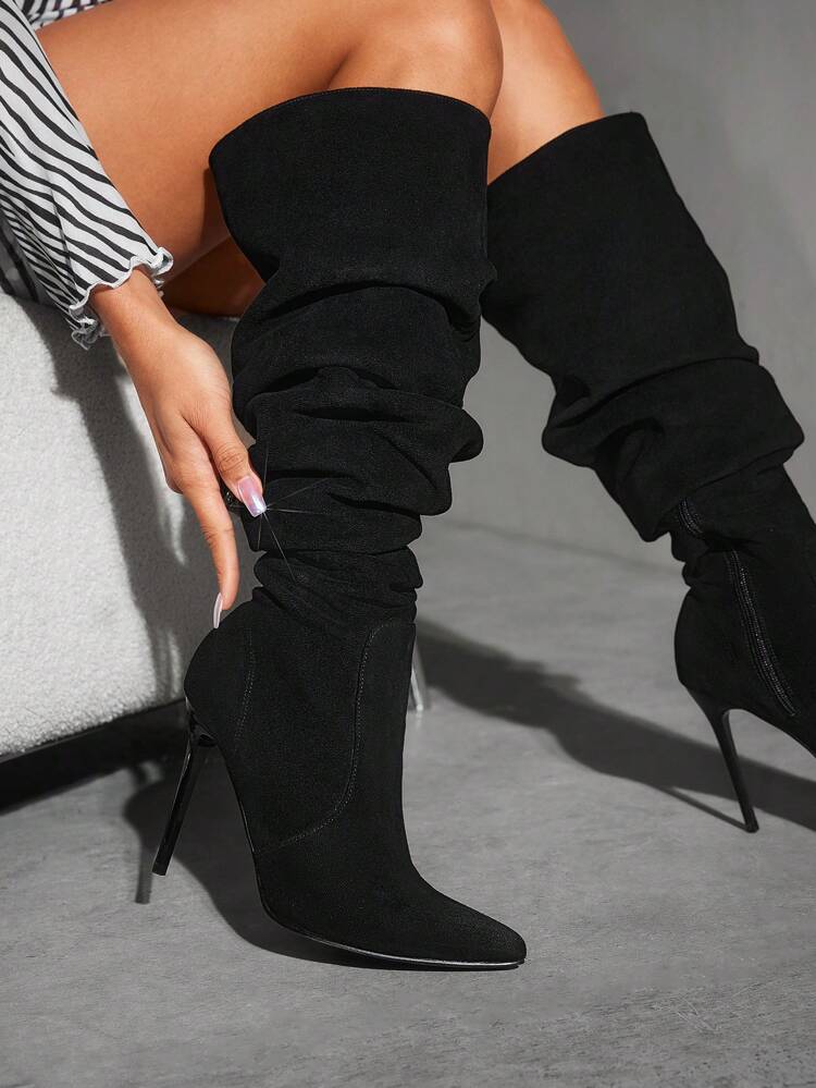 CUCCOO SZL Women's Fashionable Black Over-The-Knee High Heel Boots With Pointed Toe, Zipper Closure, Classic Style For Parties Halloween For Spring Shoes Spring Break Easter