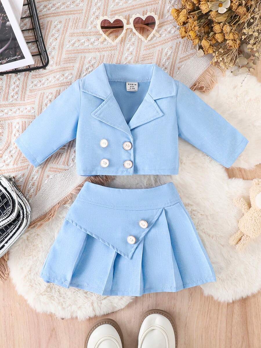 SHEIN Conjunto de blazer y falda plisada de estilo elegante y dulce para niñas pequeñas, primavera otoño - Azul - Ver 1