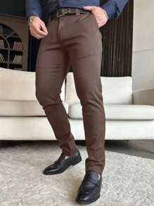Calvornis Men Solid Color Woven Casual Suit Pants With Pockets - Coffee Brown - View 3