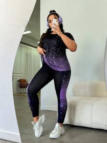 SHEIN Rhythm Era Plus Size Women's Shiny Printed Crew Neck Short Sleeve T-Shirt And Pants Sports Suit, Summer Workout Women Sets - Multicolor - View 4