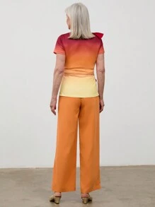 SHEIN LUNE Ensemble deux-pièces femme, T-shirt à col V à volants dégradé et pantalon, manches courtes, été - Multicolore - Voir 2