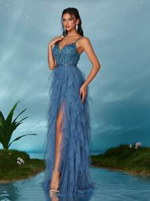 V-Neck Sexy 3D Embroidered Contrast Mesh Ruffle High Split Dress, Elegant Formal Evening Prom Gown, For Wedding Guest, Graduation, Dinner Party Dress Spring - Dusty Blue - View 5
