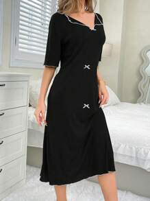 Women Solid Color Bow Decor Simple Casual Short Sleeve Loungewear Dress