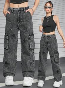 SHEIN Explorewe Calça Denim Cargo Lavada com Estampa de Estrela e Bolsos Grandes, Streetwear Casual para Adolescentes Meninas - Preto - Visão 1