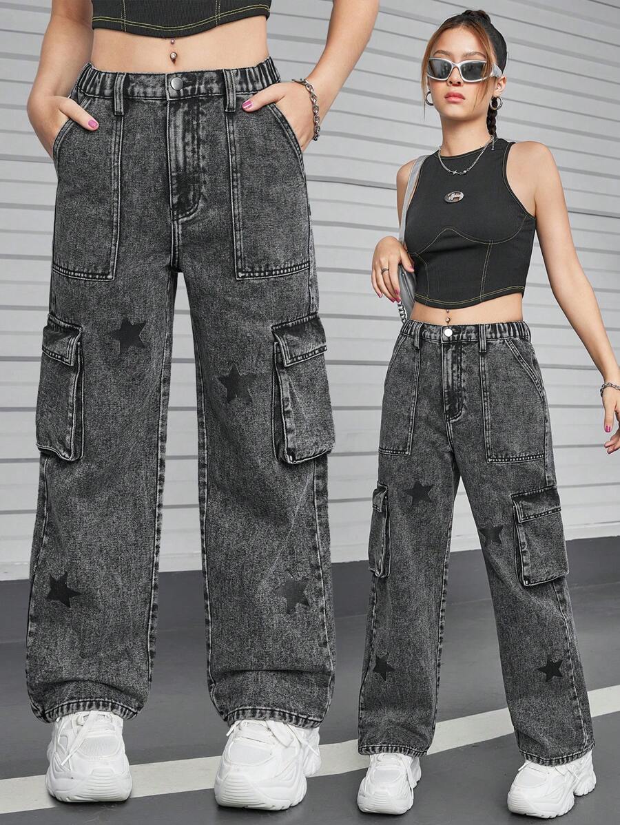SHEIN Explorewe Calça Denim Cargo Lavada com Estampa de Estrela e Bolsos Grandes, Streetwear Casual para Adolescentes Meninas - Preto - Visão 1