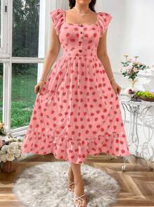 SHEIN SunnyBelle Plus Size Square Neck Ruffle Sleeve Strawberry Print Casual Dress - Multicolor - View 3