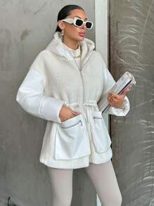 EURMUSE Plus Women's Coat Made Of Fluffy Fabric And Padding With A Fitted Design, Fabric Patchwork, Adjustable Waist, Side Pockets With Zipper, Hood - White - View 8